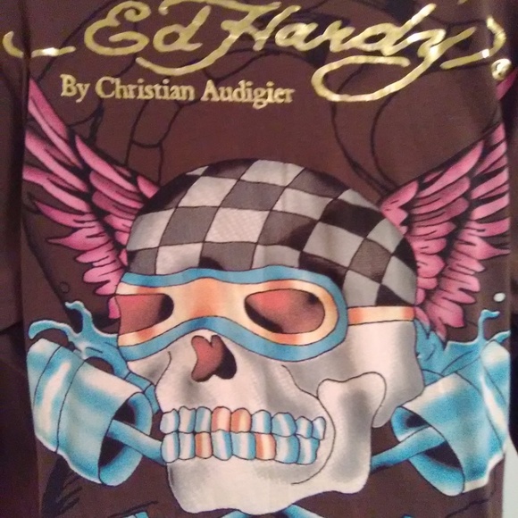 Ed Hardy Brown Long Sleeve Skull Graphics t-shirt Rare Find - Picture 10 of 16